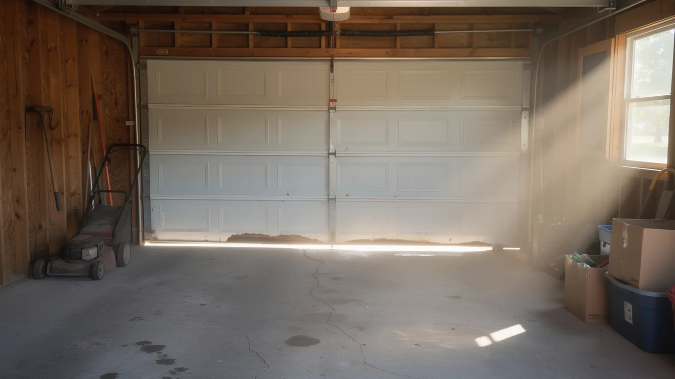 A white garage door is closed inside a garage with wooden walls.