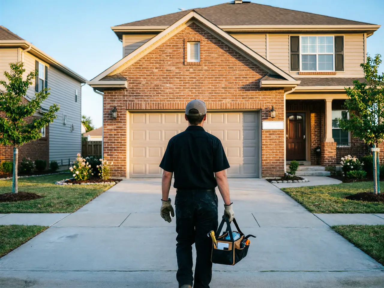 A technician walks toward a brick house with a beige garage door.