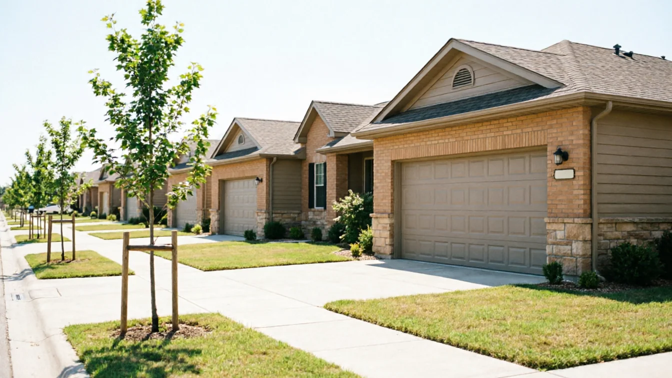 A row of houses with tan garage doors and green lawns lines a street.