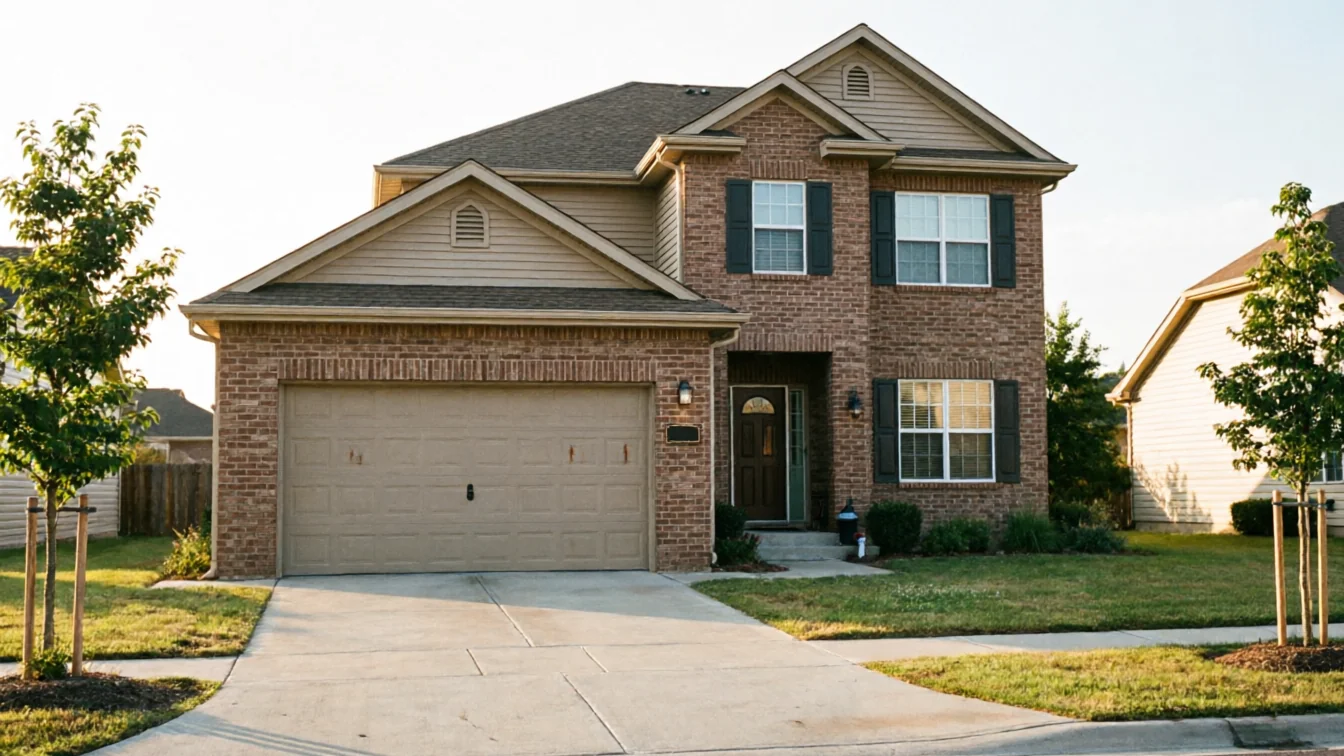 A two-story brick house with a tan garage door and a concrete driveway.