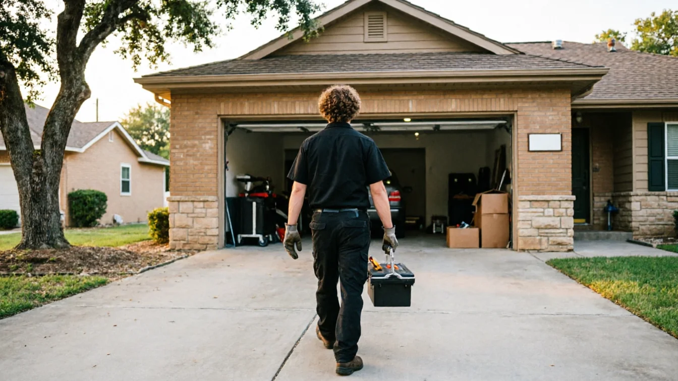 A technician walks toward an open garage door carrying a toolbox.