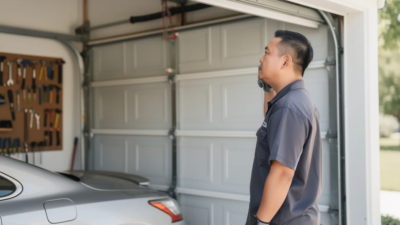 A technician in a gray uniform looks up at an open garage door.