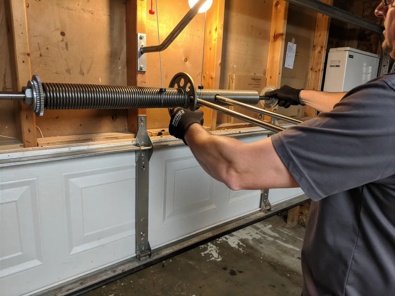 A technician adjusts a torsion spring above a white garage door.