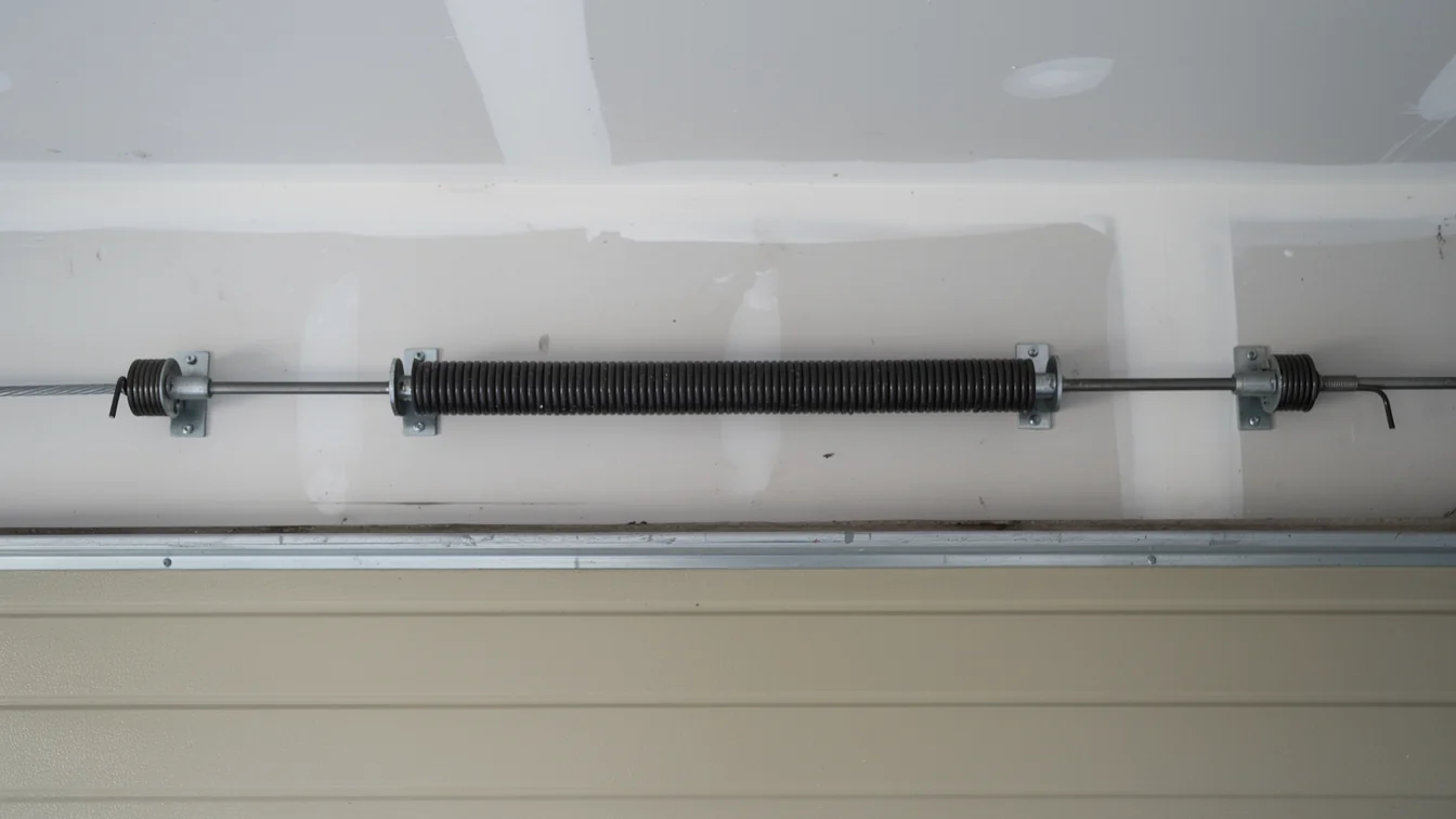 The torsion spring is mounted above a beige garage door.