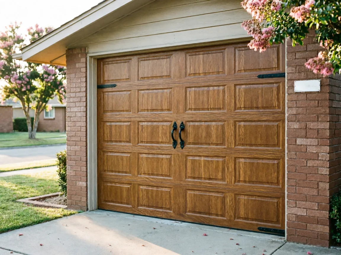 A brown garage door with decorative black handles and hinges on a brick house.